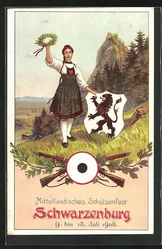 AK Schwarzenburg, Mittelständisches Schützenfest 1908, Fräulein in Tracht mit Ehrenkranz und Wappen