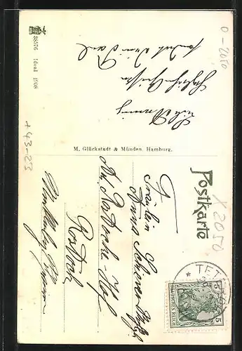 AK Teterow i. M., Gedicht, Stadtbewohner plumpsen in den Brunnen