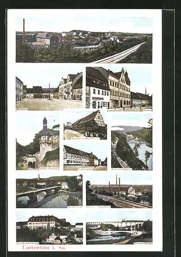 AK Lunzenau i. Sa., Schloss Rochsburg, Marktplatz, Rathaus, Weberei und Papierfabrik