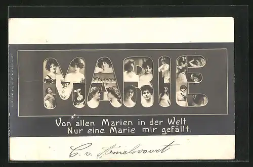 AK Namenstag Marie, Frauenportraits in Buchstaben