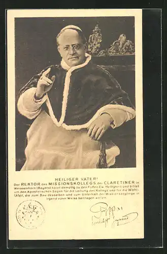 AK Heiliger Vater!, Rektor des Missionskollegs der Clarentiner Papst Pius XI.