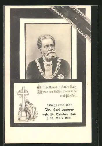 AK Gedenkkarte mit Portrait Bürgermeister Carl Lueger, Engel am Kreuz stehend