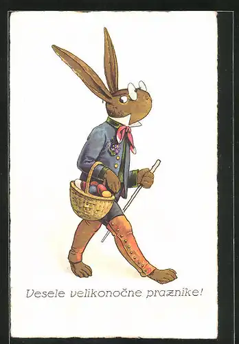 AK Osterhase wandert mit seinem Körbchen die Strasse entlang