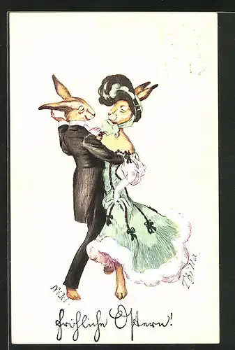 Künstler-AK romantischer Tanz eines elegant gekleideten Hasenpaares