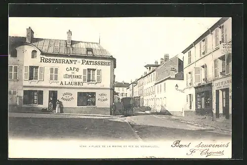 AK Igny, Place de la Mairie et Rue de Versailles, Restaurant-Patisserie Café de l'Esperance A. Laubry