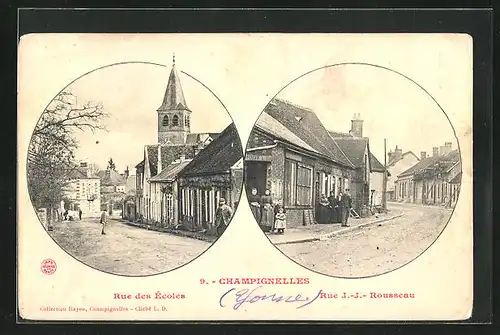 AK Champignelles, Rue des Écoles, Rue J.-J.-Rousseau