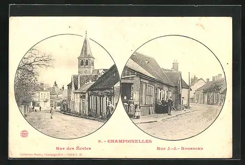 AK Champignelles, Rue des Écoles, Rue J.-J.-Rousseau