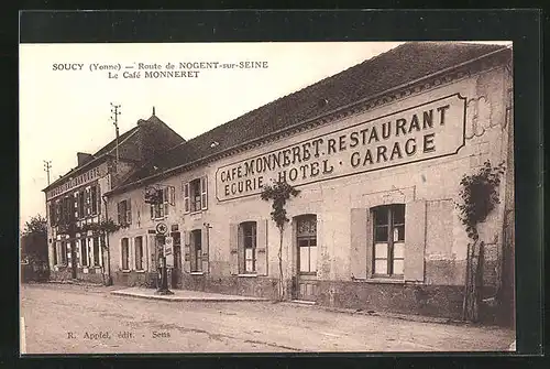 AK Soucy, Route de Nogent-sur-Seine, Le Café-Hotel Monneret