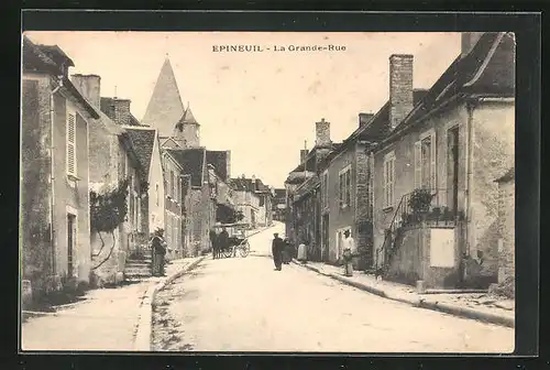 AK Epineuil, La Grande Rue, Pferdekutsche auf der Strasse