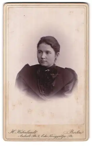 Fotografie H. Haberlandt, Berlin, Anhalt-Str. 2, Portrait dunkelhaariges Fräulein mit Brosche am Blusenkragen