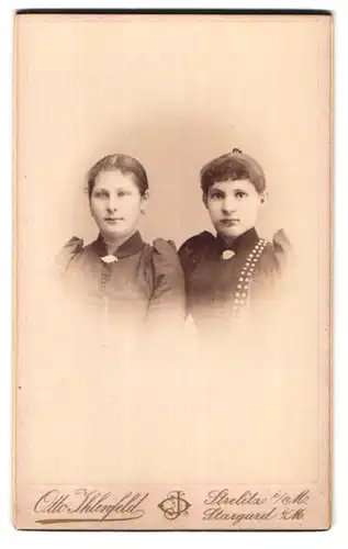 Fotografie Otto Ihlenfeld, Strelitz i. M., Portrait zwei hübsche junge Damen mit Broschen am Blusenkragen