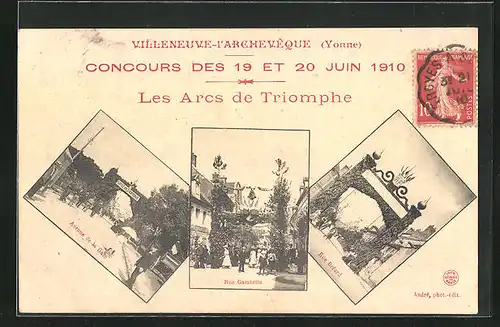 AK Villeneuve-l`Archeveque, Concours des 19 et 20 Juin 1910, les Arc de Triomphe
