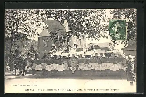 AK Rennes, Fete des Fleurs, 26 et 27 Mai 1912, l`Oiseau de France et les Provinces Francaises