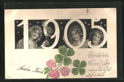 Präge-AK Kinder blicken durch die Jahreszahl 1905, Neujahrsgruss