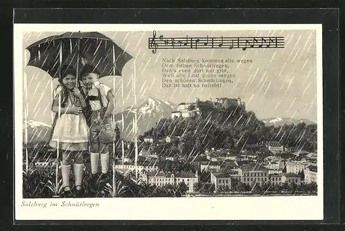 AK Salzburg, Ortsansicht im Schnürlregen, Kinder unterm Regenschirm
