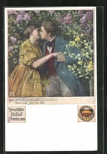 Künstler-AK Karl Friedrich Gsur, Deutscher Schulverein Nr. 460: Liebespaar küsst sich unter einem Rosenbusch, Notenzeile