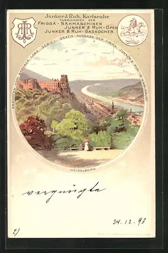 Lithographie Heidelberg, Panorama mit Schloss, Junker & Ruh Karlsruhe, Frigga-Nähmaschinen