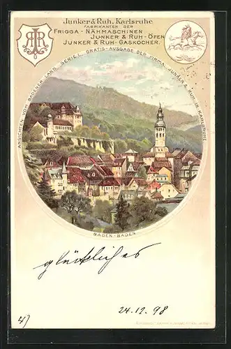 Lithographie Baden-Baden, Stadtpanorama, Junker & Ruh Karlsruhe, Frigga-Nähmaschinen