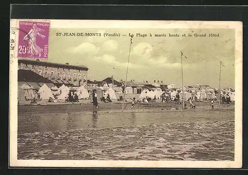 AK St-Jean-De-Monts, La Plage a maree haute et le Grand Hotel