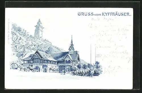 Lithographie Kyffhäuser, Denkmal und Hotel-Restaurant