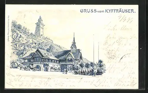 Lithographie Kyffhäuser, Denkmal und Hotel-Restaurant