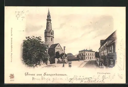 AK Sangerhausen, Strasse am Ulrichsplatz mit Kirche