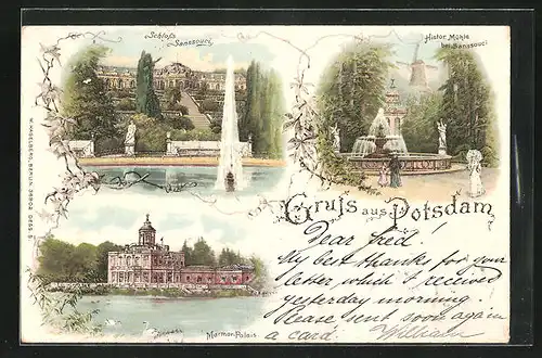 AK Potsdam, Schloss Sanssouci, historische Mühle, Marmor-Palais