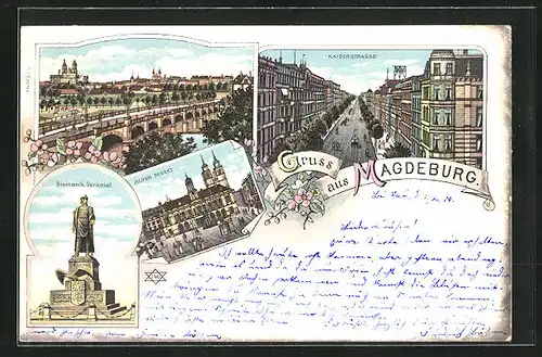 Lithographie Magdeburg, Bismarck-Denkmal, Alter Markt, Kaiserstrasse, Gesamtansicht