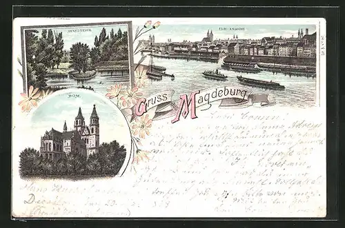 Lithographie Magdeburg, Inselteich, Dom, Elb-Ansicht