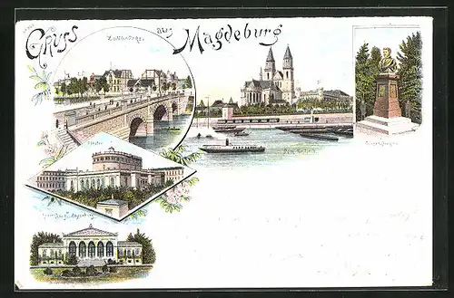 Lithographie Magdeburg, Theater, Zollbrücke, Friesen-Denkmal, Dom