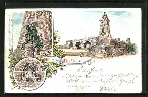 Lithographie Kyffhäuser, Kaiser Wilhelm-Denkmal und Barbarossa