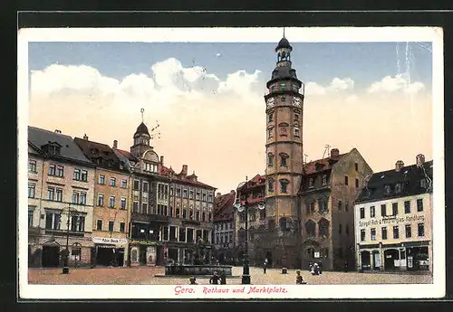 AK Gera, Rathaus und Marktplatz mit Denkmal