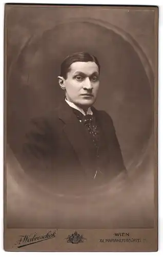 Fotografie Arpad Wabroschek, Wien, Mariahilfergürtel 11, Brustportrait junger Mann im Anzug mit Krawatte