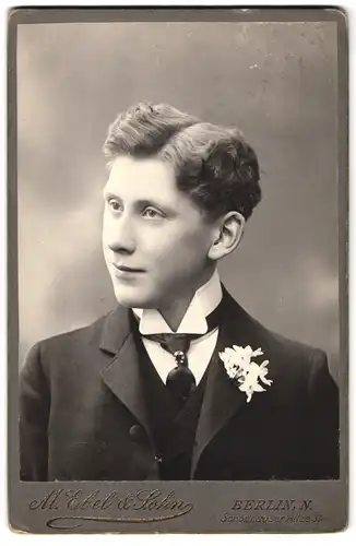 Fotografie M. Ebel & Sohn, Berlin-N, Schönhauser Allee 31, Portrait junger Mann im Anzug mit Krawatte