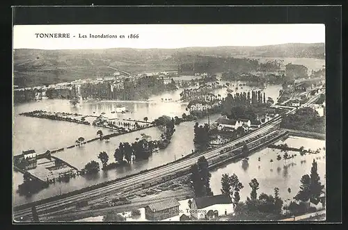 AK Tonnerrre, L`Inondation en 1866, Hochwasser, Ortsansicht aus der Vogelschau