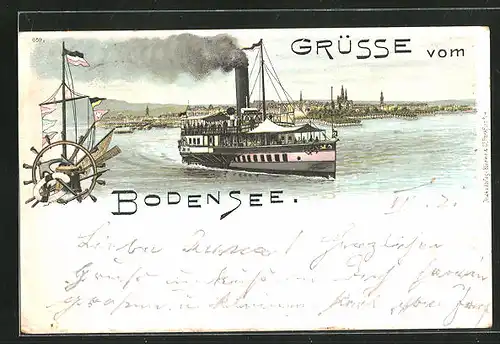 Lithographie Salondampfer auf dem Bodensee