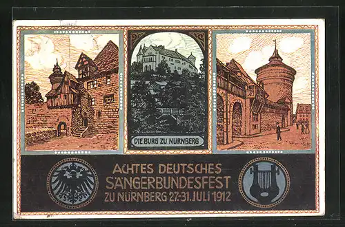 Künstler-AK Nürnberg, VIII. Deutsches Sängerbundesfest 1912, Ansichten der Burg, Ganzsache Bayern 5 Pf.