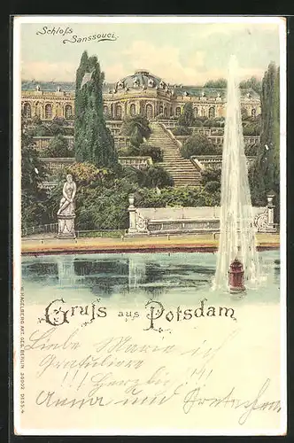 Lithographie Potsdam, Schloss Sanssouci mit Wasserfontaine