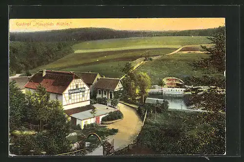 AK Eisenberg, Gasthaus Naupolds Mühle im Dämmerungslicht aus der Vogelschau