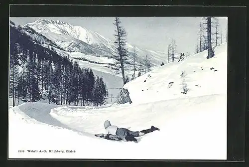 AK Schlittenfahren im Winter vom Berg