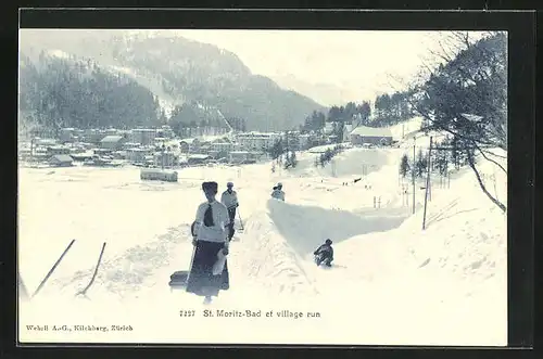 AK St. Moritz, Schlittenfahren vom Berg im Winter