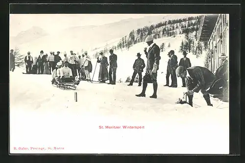 AK St. Moritz, Passanten beim Schlittenfahren