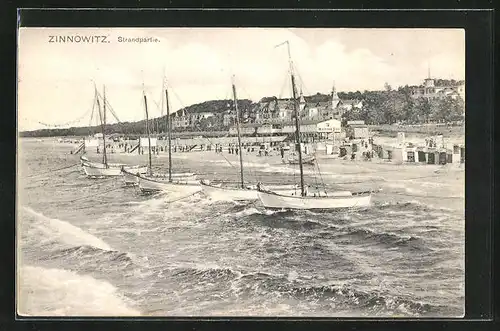 AK Zinnowitz, Herrenbad mit vor Anker liegenden Segelschiffen