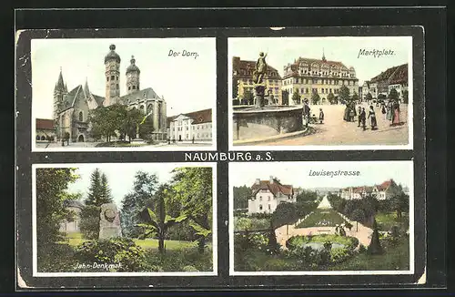 AK Naumburg a. S., Blick auf den Marktplatz, den Dom und Das Jahn-Denkmal