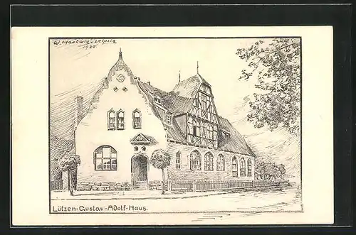 Künstler-AK Lützen, Blick auf das Gustav-Adolf-Haus