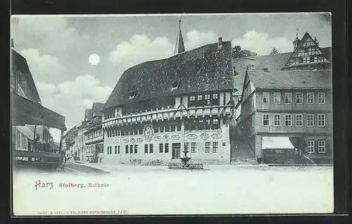 Mondschein-AK Stolberg / Harz, Blick auf das Rathaus