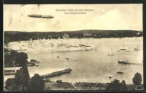 AK Berlin, Blick auf Wannsee vom Kaiser-Pavillon mit Zeppelin