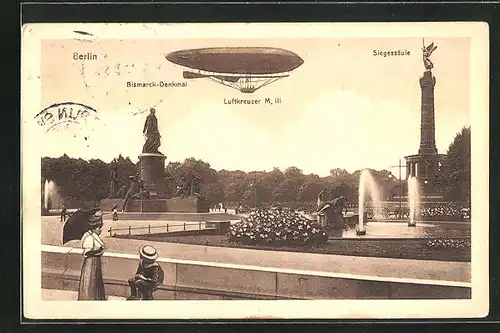 AK Berlin, Bismarck Denkmal, Siegessäule und Zeppelin