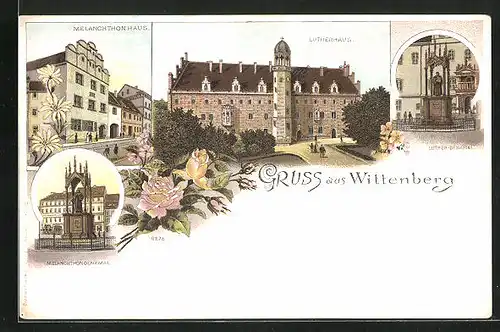 Lithographie Wittenberg, Lutherhaus, Melanchtonhaus, Luther-Denkmal