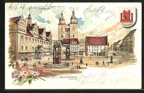 Künstler-AK Wittenberg, Marktplatz mit Geschäften und Standbildern